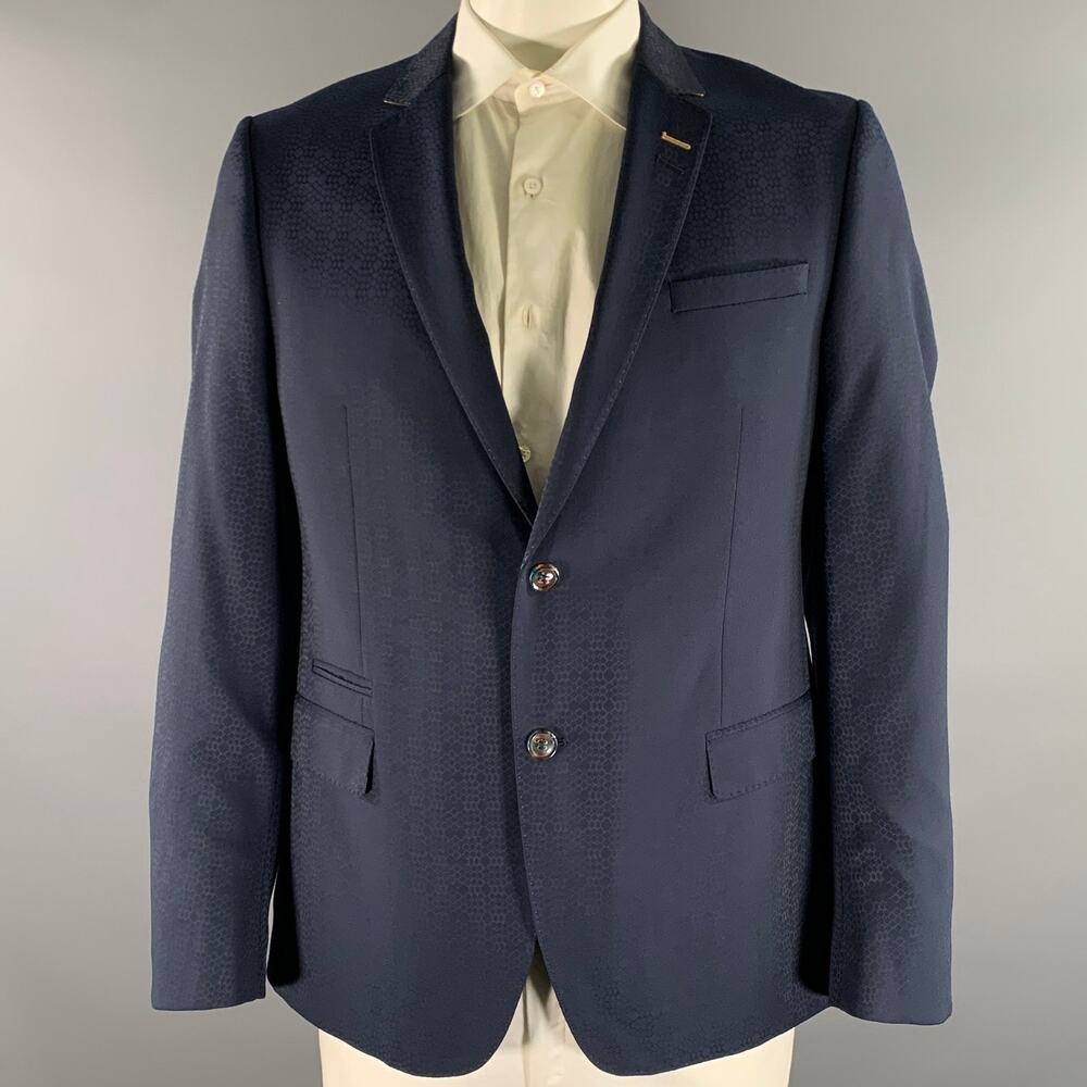 MACEOO Size 44 Navy Scale Print Viscose Blend Notch Lapel Sport Coat